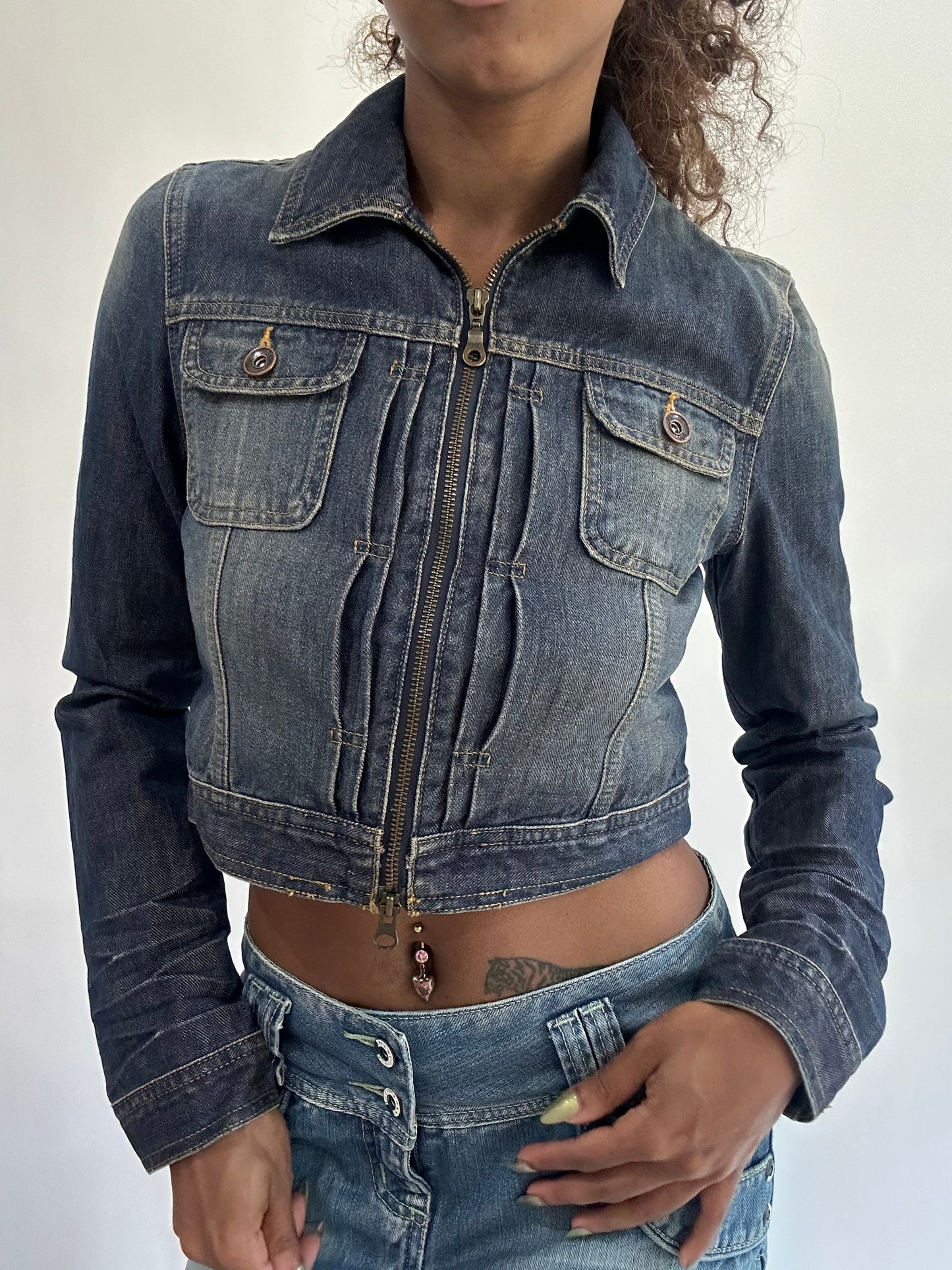 wag drop | small dark blue denim dual zip cropped jacket