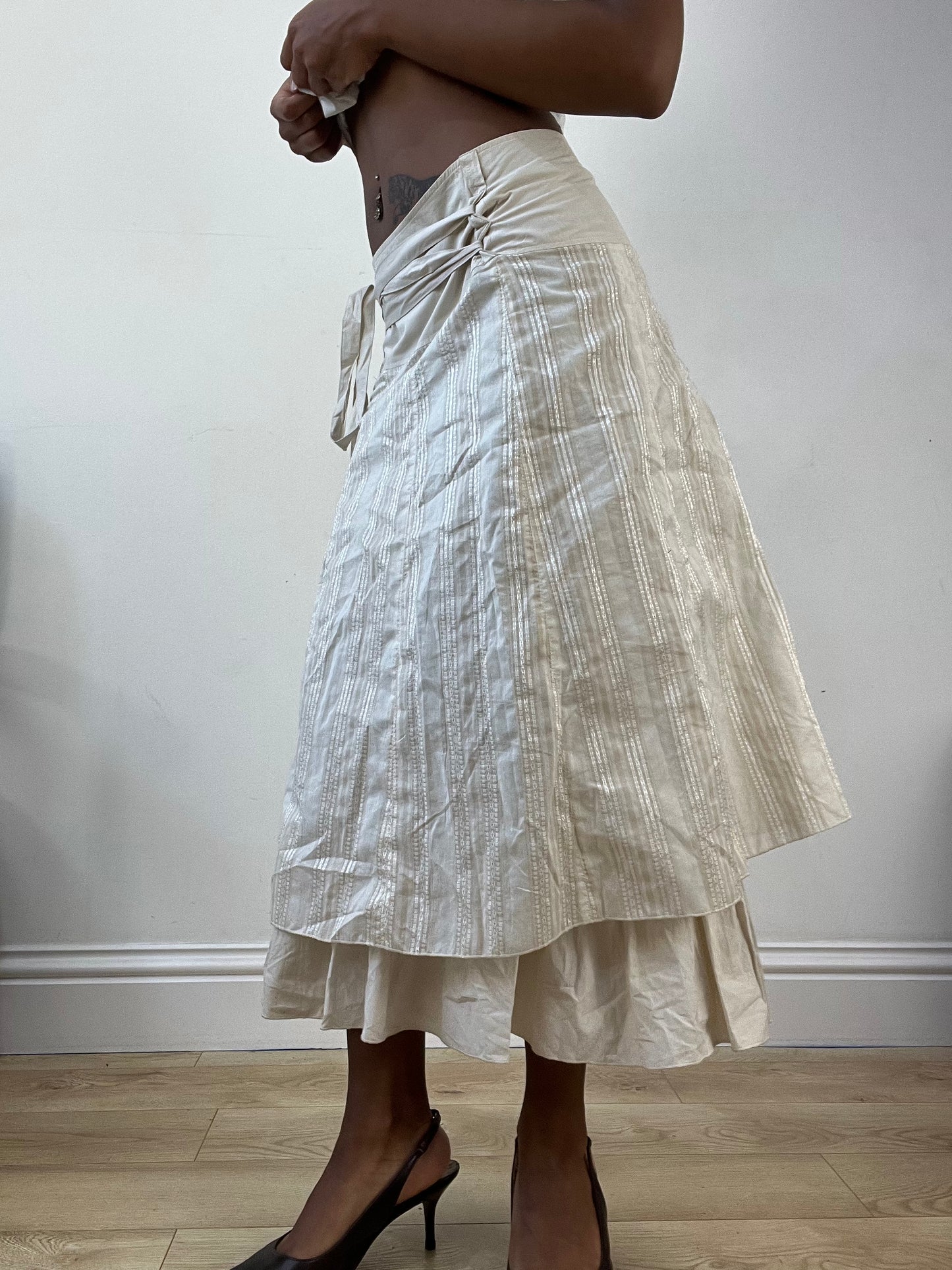 AUTUMN EDIT | medium cream tiered midi skirt with pinstripes