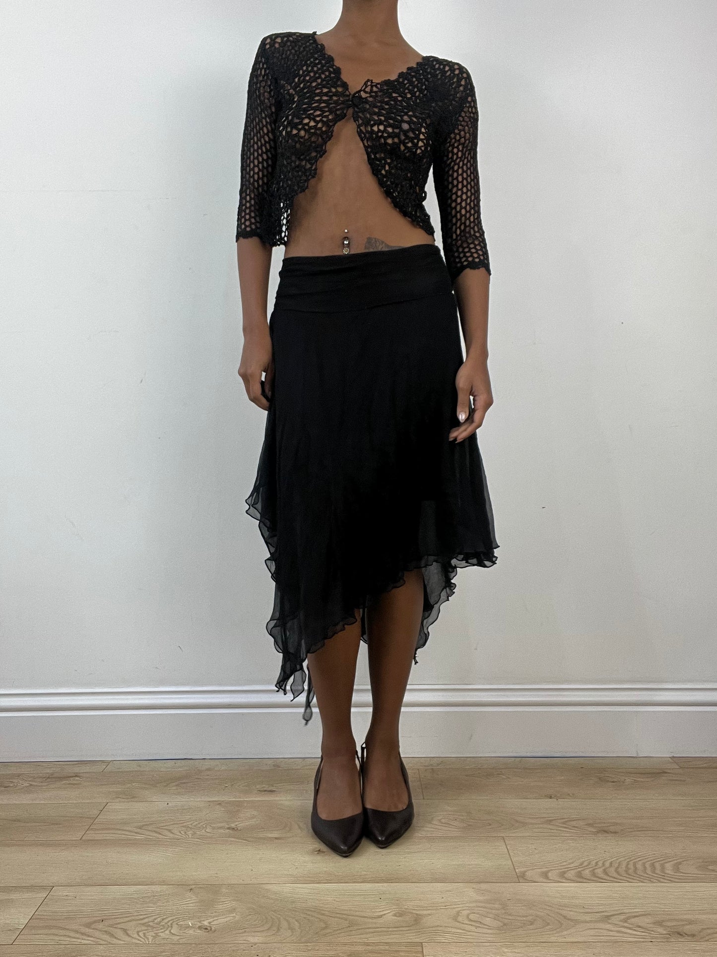 vintage edit: indie sleaze | small black mesh overlay midi skirt