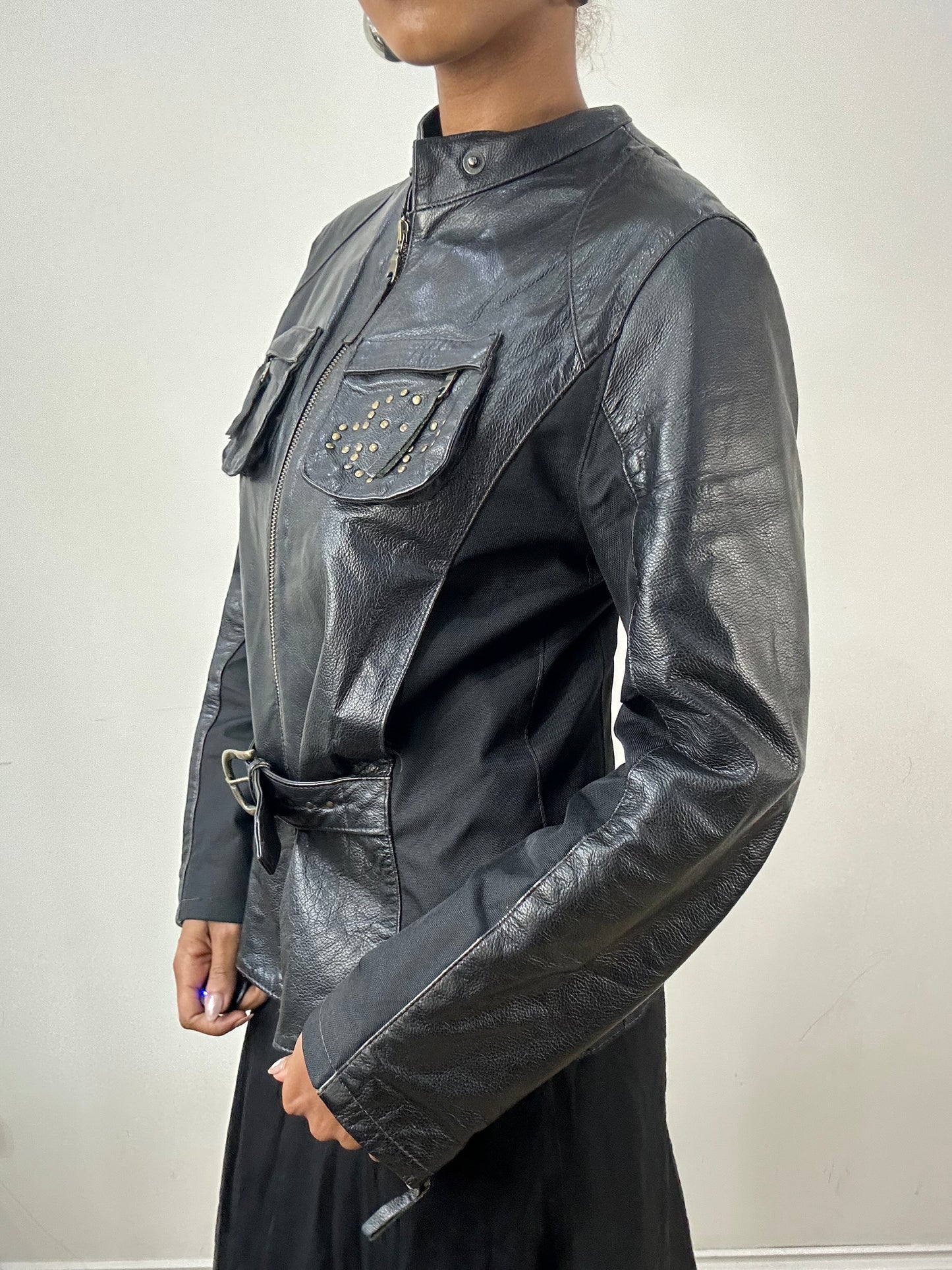 vintage edit: indie sleaze | medium black faux leather belted jacket