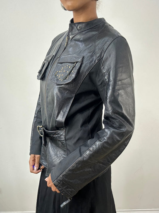 vintage edit: indie sleaze | medium black faux leather belted jacket