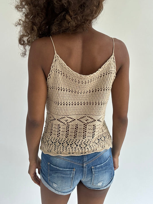 euro trash | small beige crochet cami top