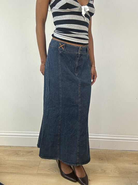 vintage edit eighteen | small blue denim maxi skirt with tie details