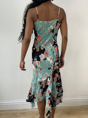 vintage edit: festival | medium blue and black floral midi dress with asymmetric hem