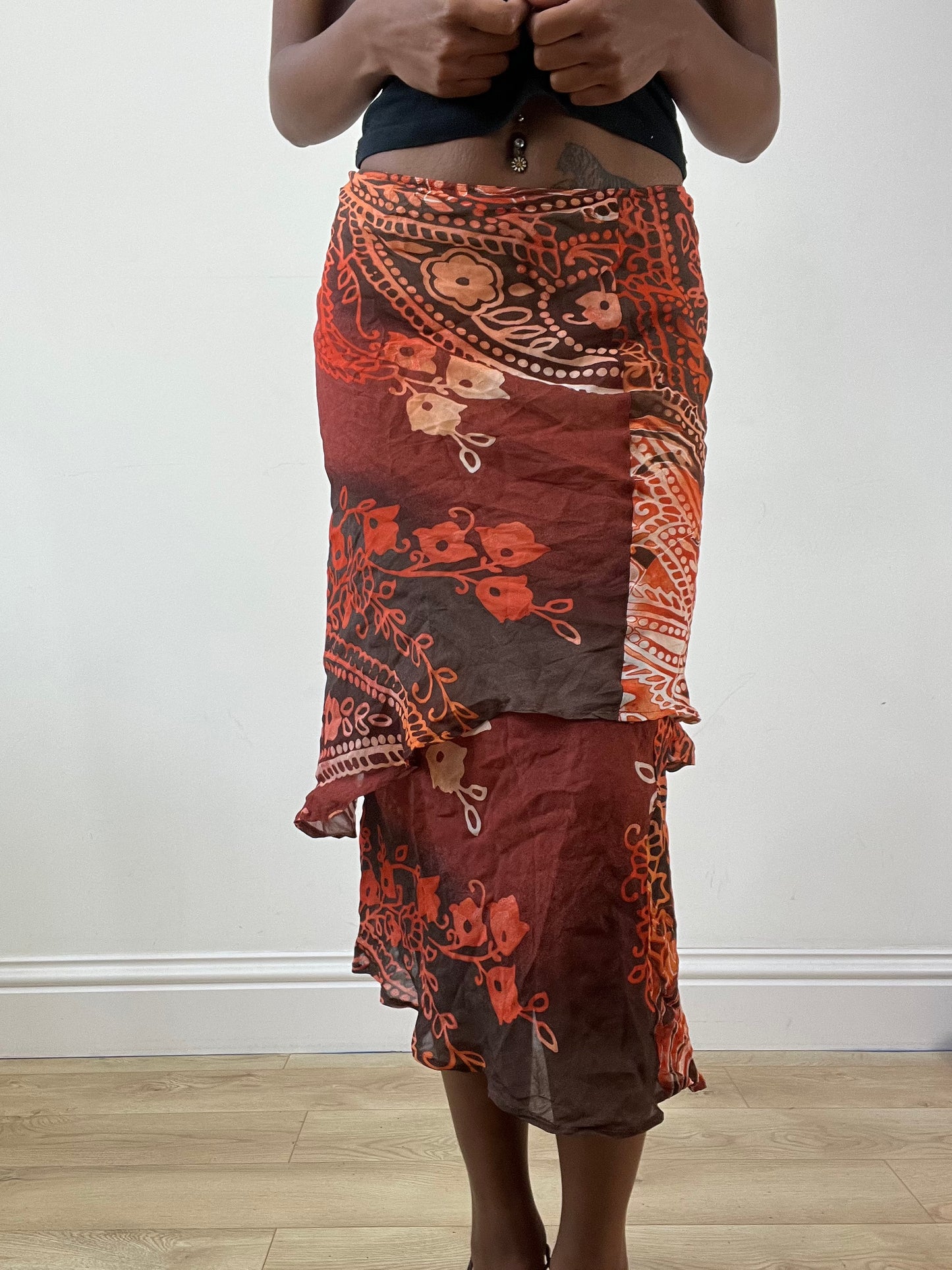 BEST PICKS | medium red mesh overlay midi skirt with floral print