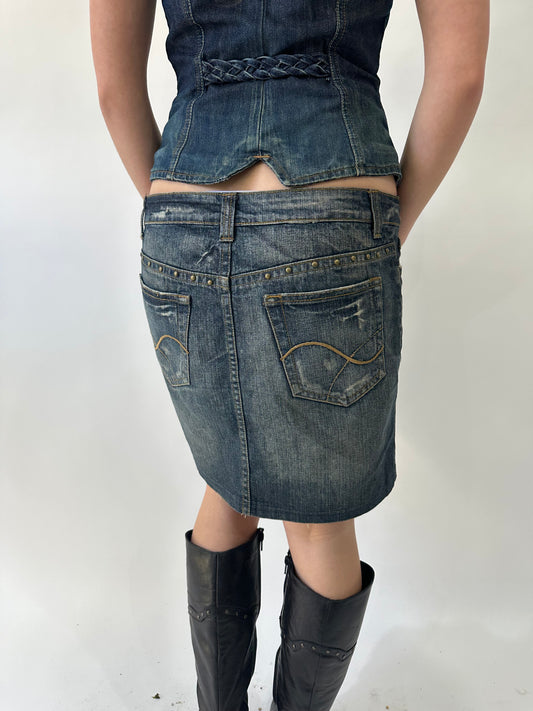 western edit | medium blue denim studded midi skirt