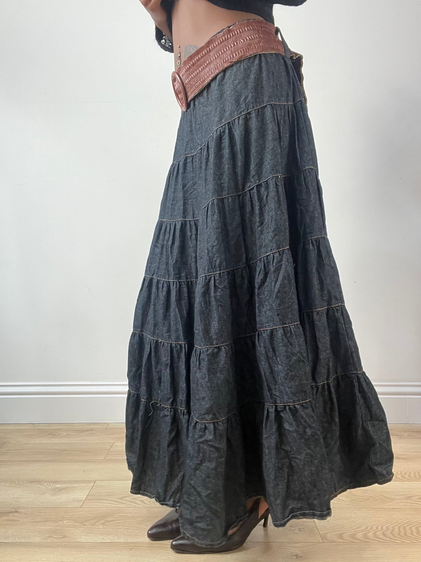 LFW edit | small blue tiered denim maxi skirt with built in braided belt