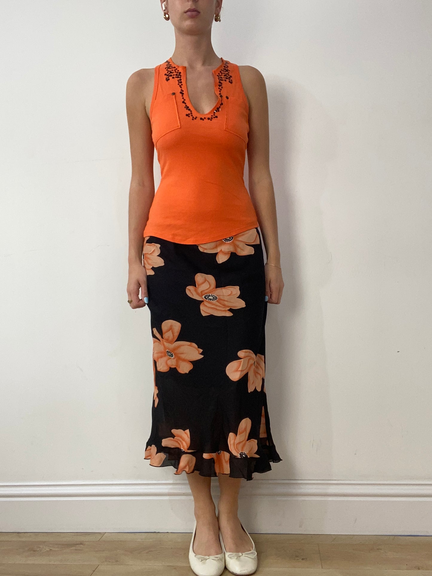 vintage edit thirty | medium black maxi skirt with orange floral print