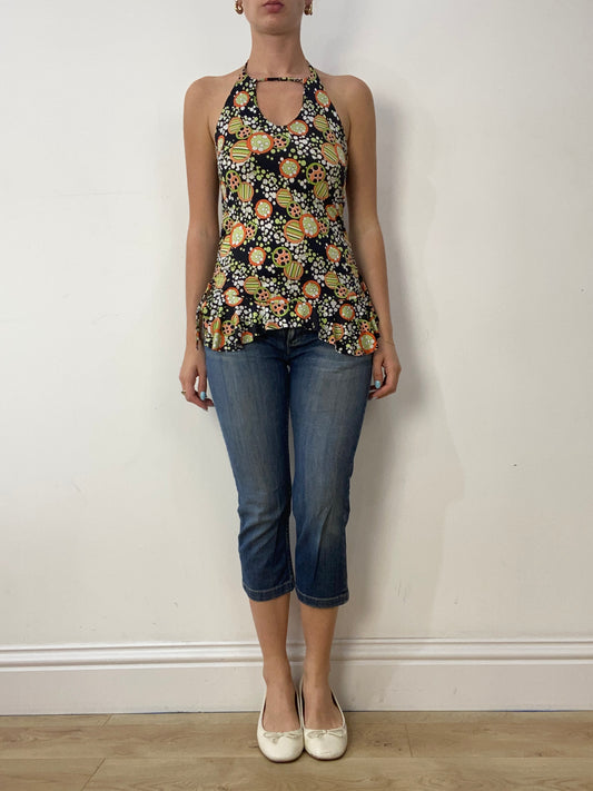 vintage edit thirty | small black and orange halterneck top