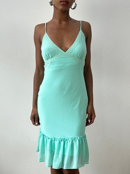 vintage edit twenty-nine | small teal blue midi dress with beading detail
