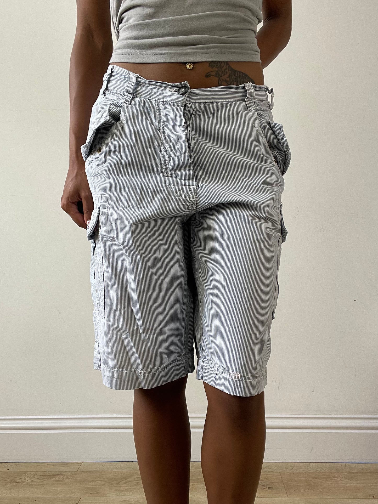 vintage edit twenty-nine | medium white and blue pinstripe shorts