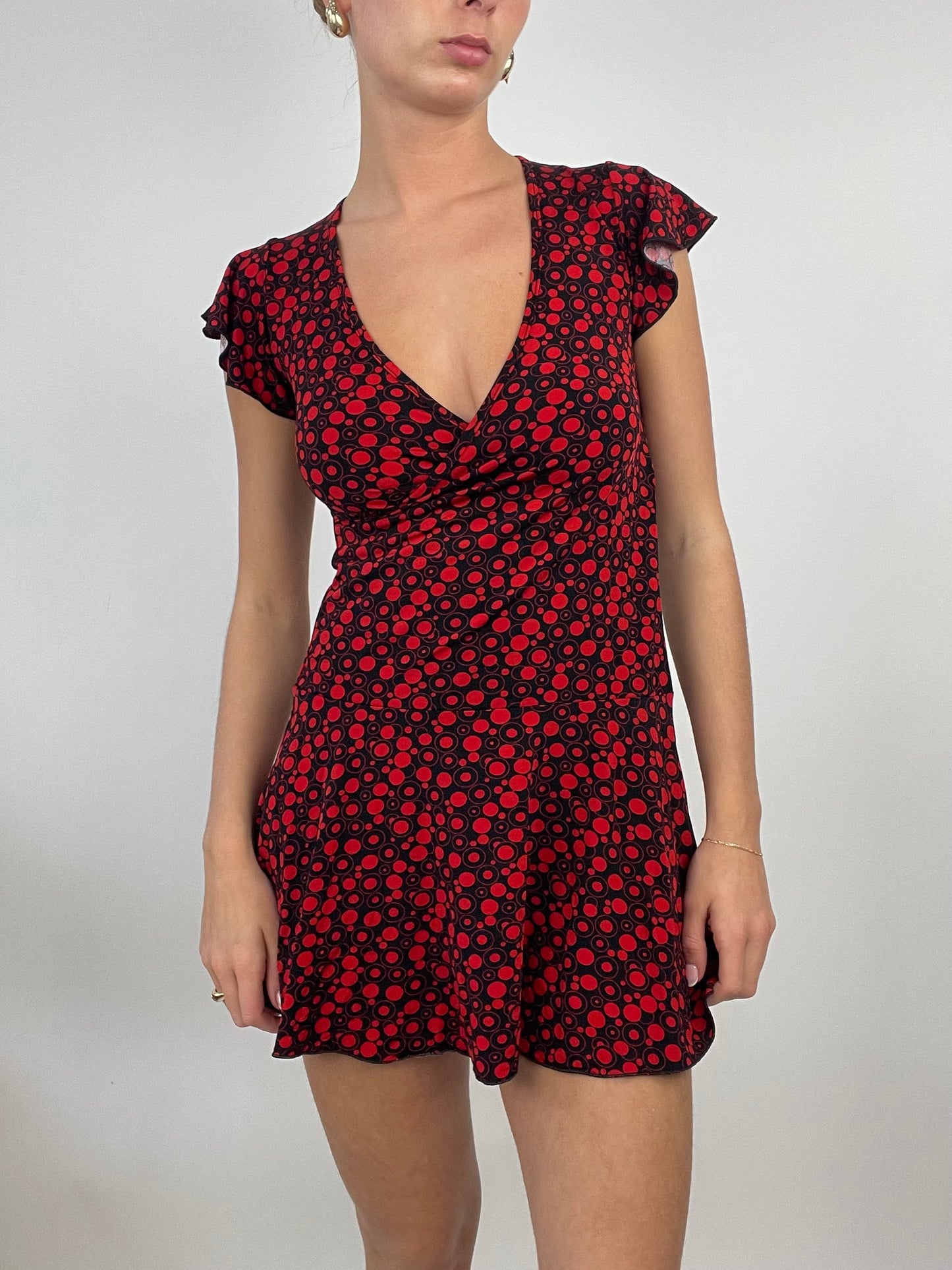 ADDISON RAE DROP | small red and black circle print mini dress with frill sleeves