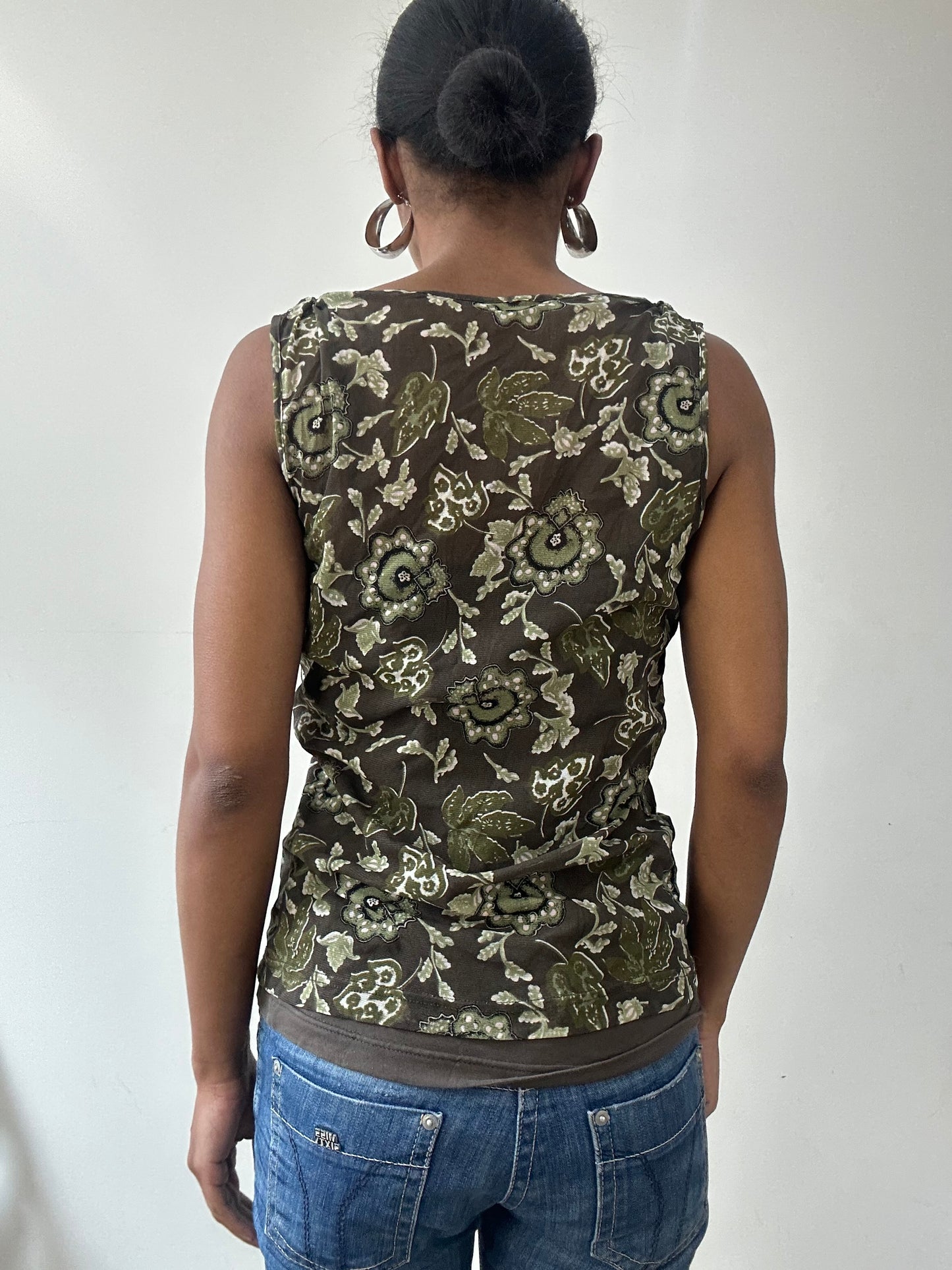 vintage edit thirty-one | medium green mesh overlay top with floral print