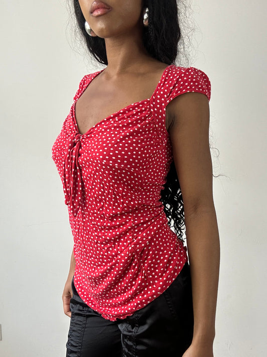 vintage edit twenty-five | medium red and white miss sixty polka dot top with tie up detail