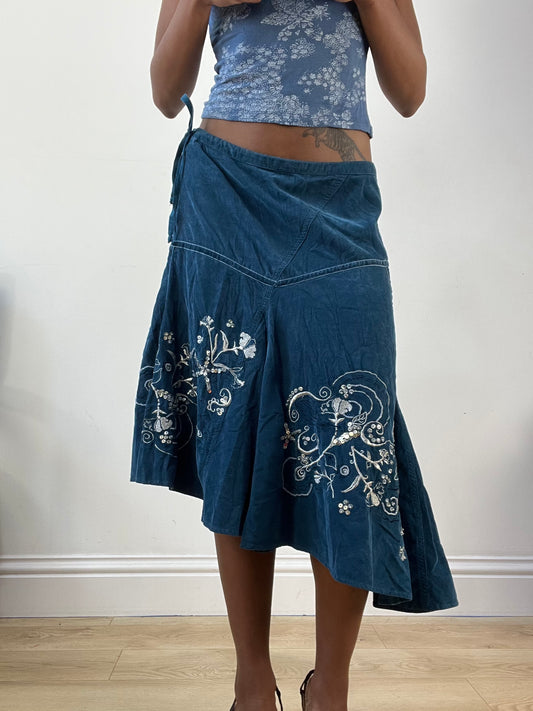 AUTUMN EDIT | medium blue asymmetric midi skirt with floral embroidery