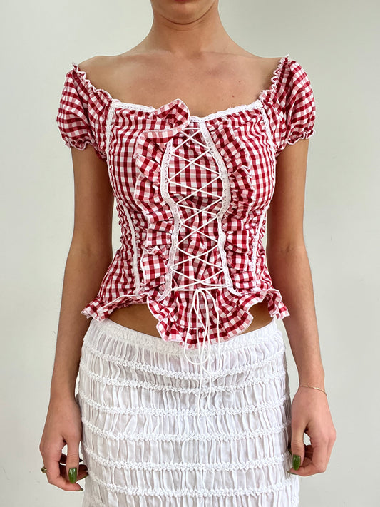 #368 SAMPLE SALE | xs أحمر gingham jolene نساء اللباس العلوي