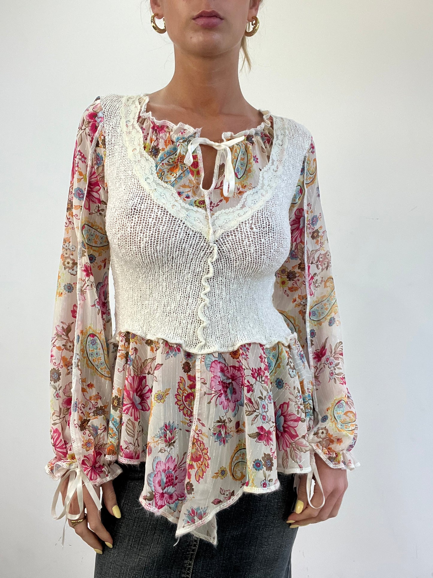 vintage edit eleven | small boho style white and pink floral knitted top