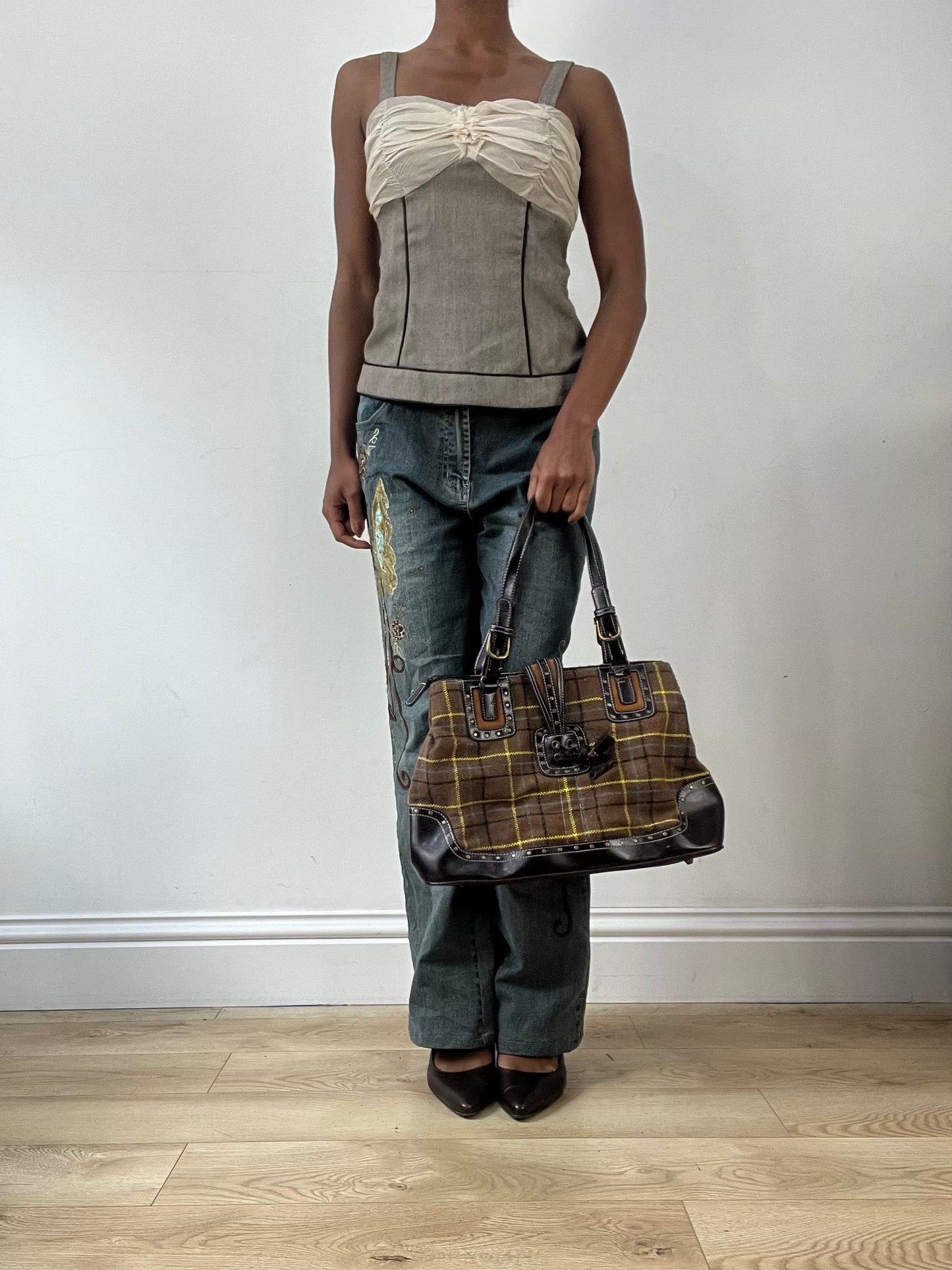 LFW edit | brown and yellow plaid tweed shoulder bag