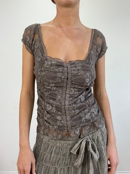 vintage edit twenty | small grey floral ruched top with hook and eye front closure