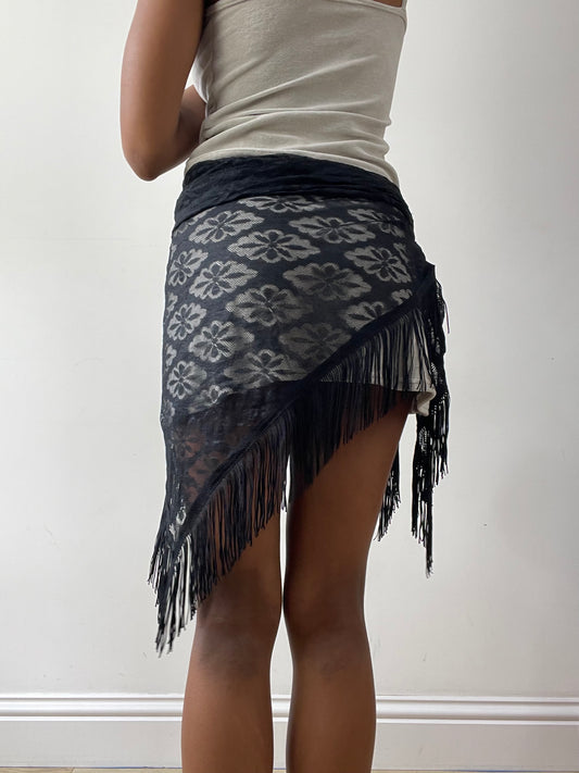 midsummer edit | one size black floral beach skirt with fringe hem