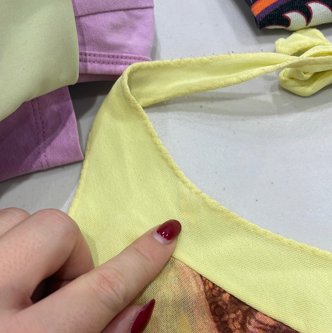 JEANS AND A NICE TOP DROP | small yellow and brown patterned halterneck top