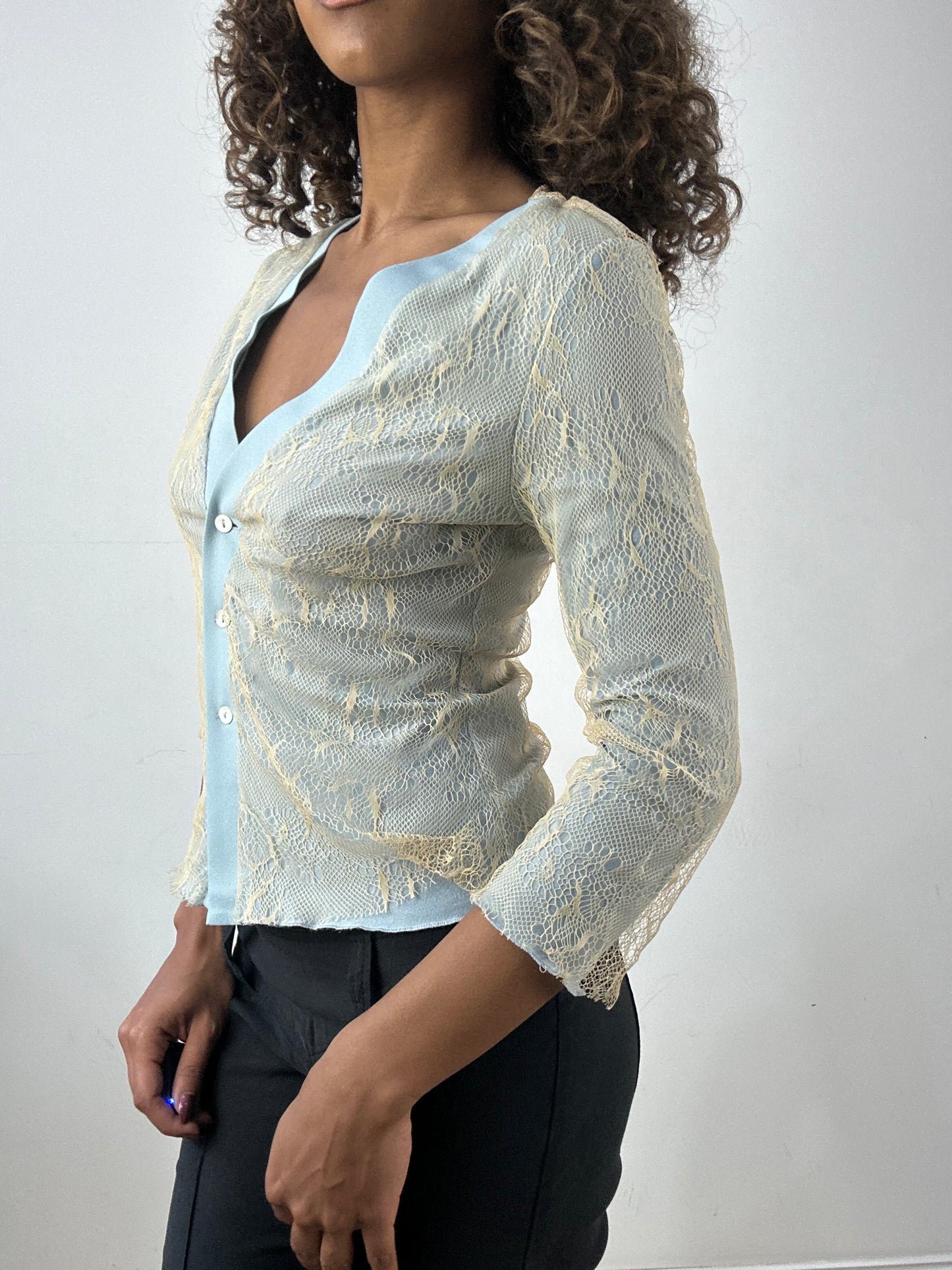 vintage edit thirty-four | small blue button up top with lace overlay