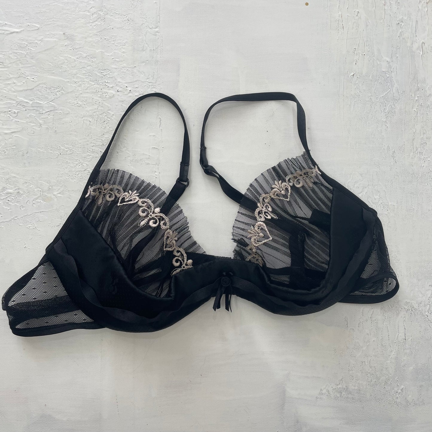 GRUNGE COQUETTE DROP | small black mesh bra with embroidery