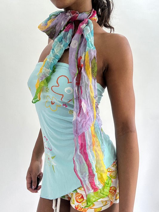 zara larsson drop | multicoloured sheer floral pattern scarf