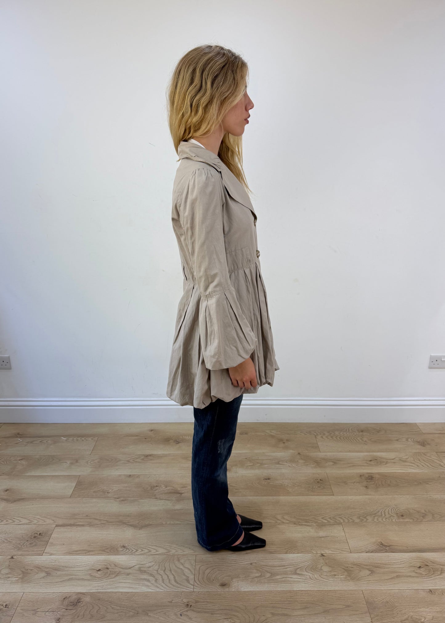 small beige bubble trench coat