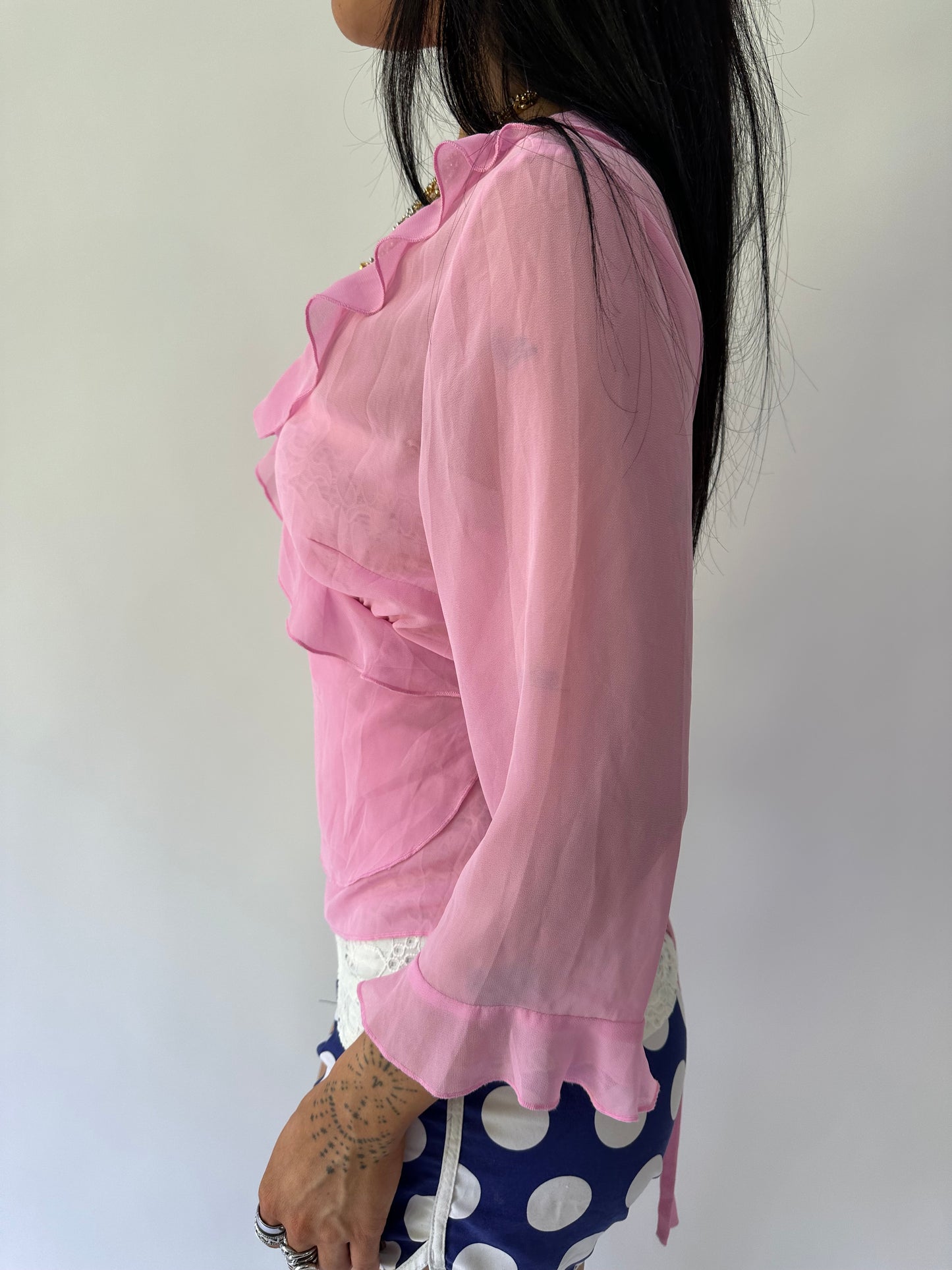 sailor drop | small pink sheer ruffle wrap around top