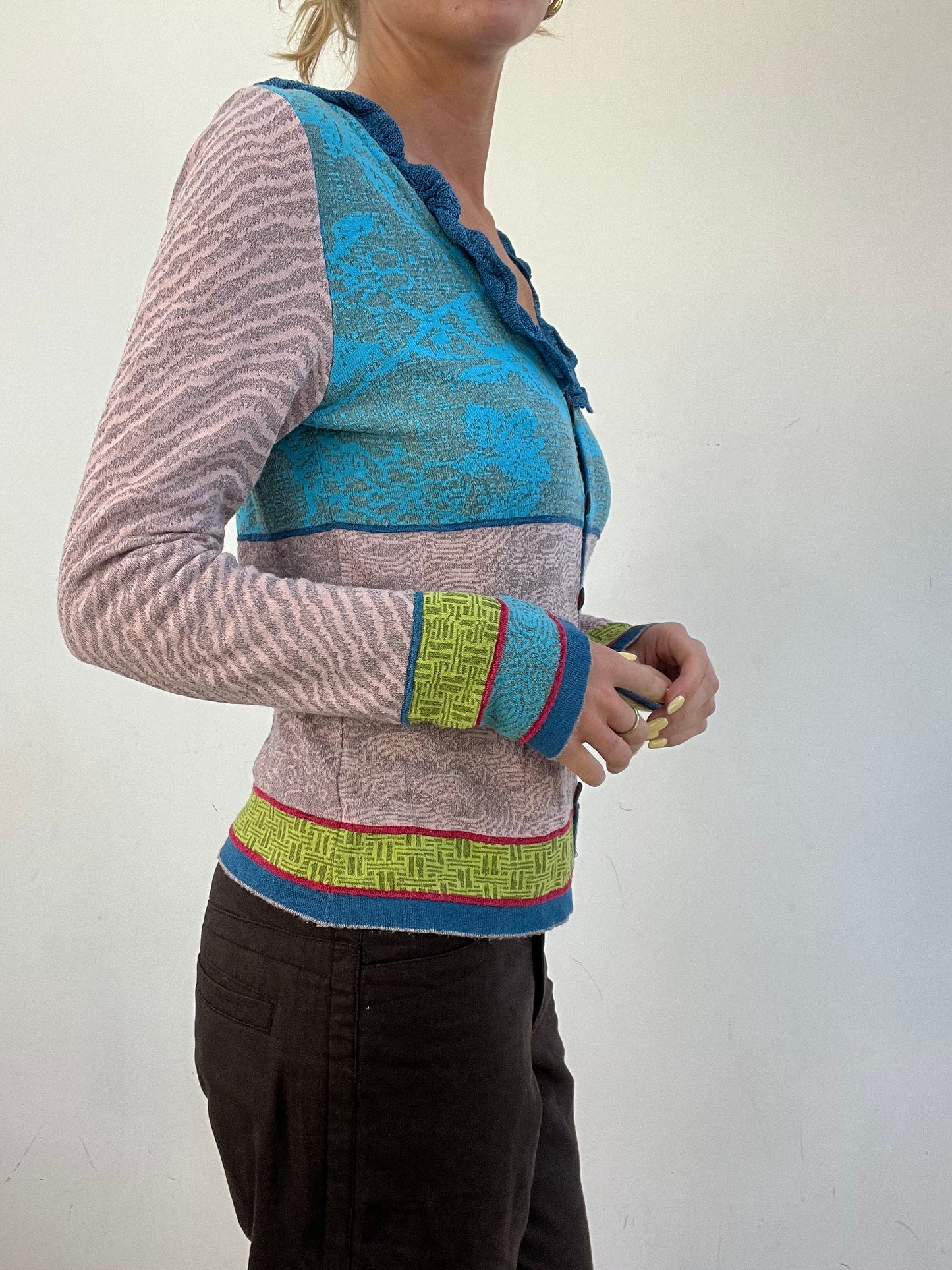 vintage edit eleven | medium blue and purple patchwork style cardigan