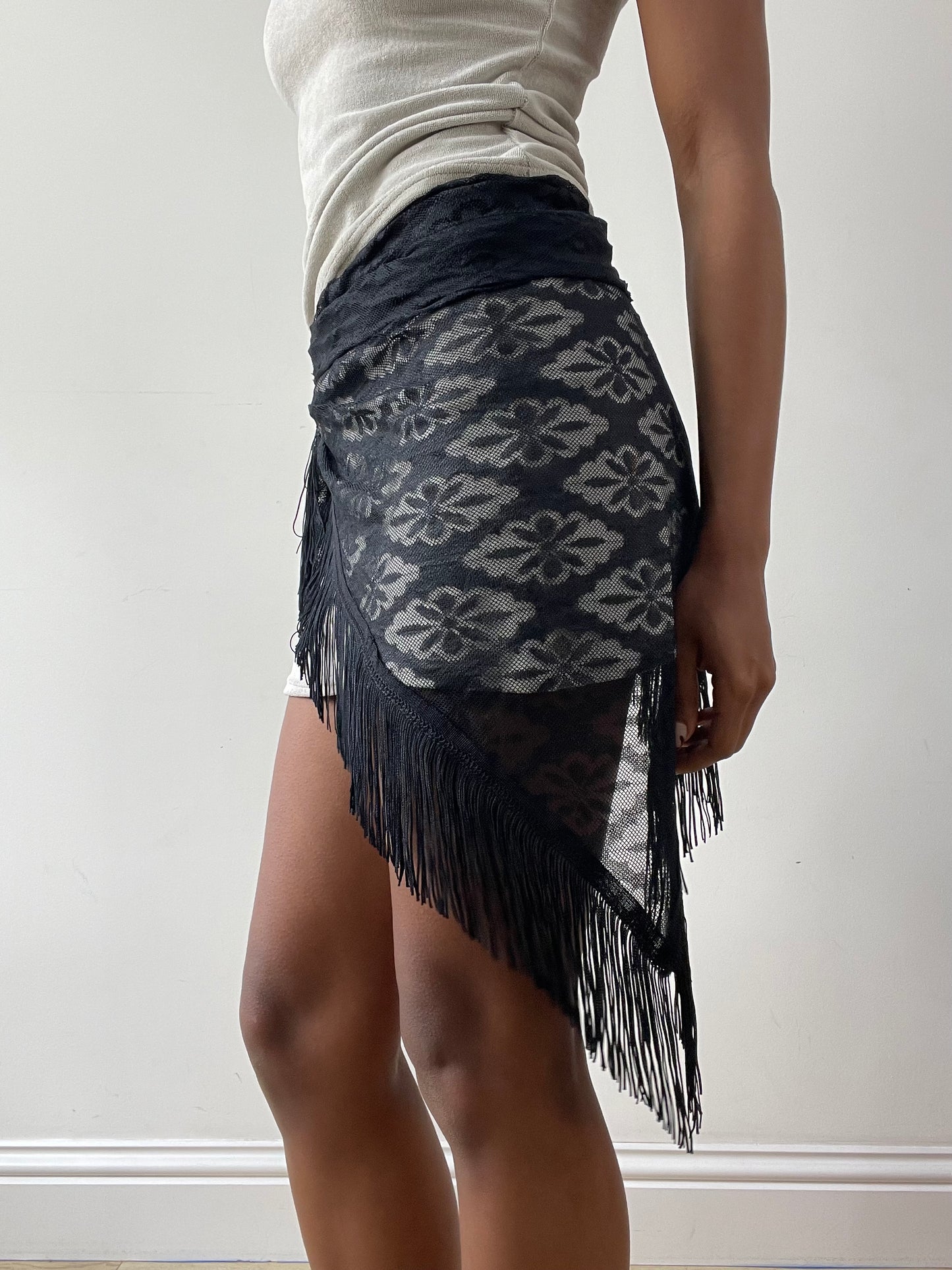midsummer edit | one size black floral beach skirt with fringe hem