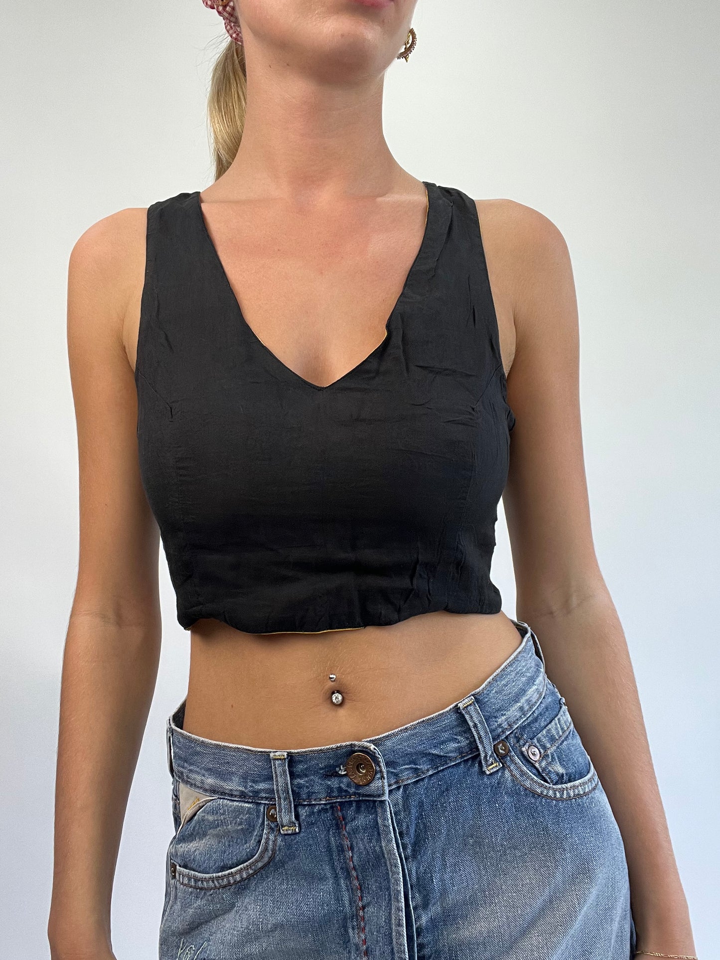 COASTAL COWGIRL DROP | small yellow reversible cropped top with blue floral print