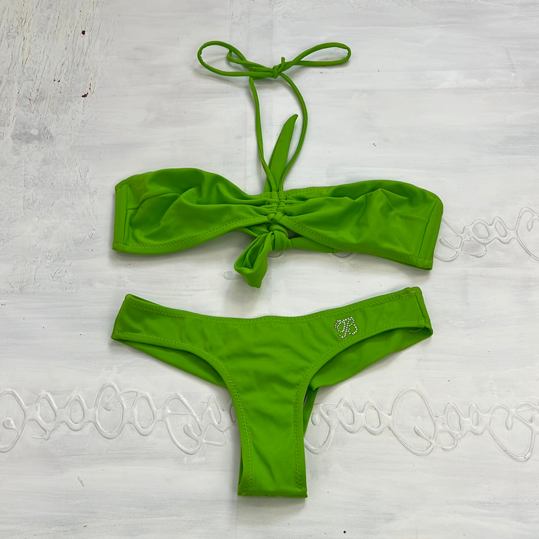 COCONUT GIRL DROP | small green halter neck bikini top with green cheeky bottoms