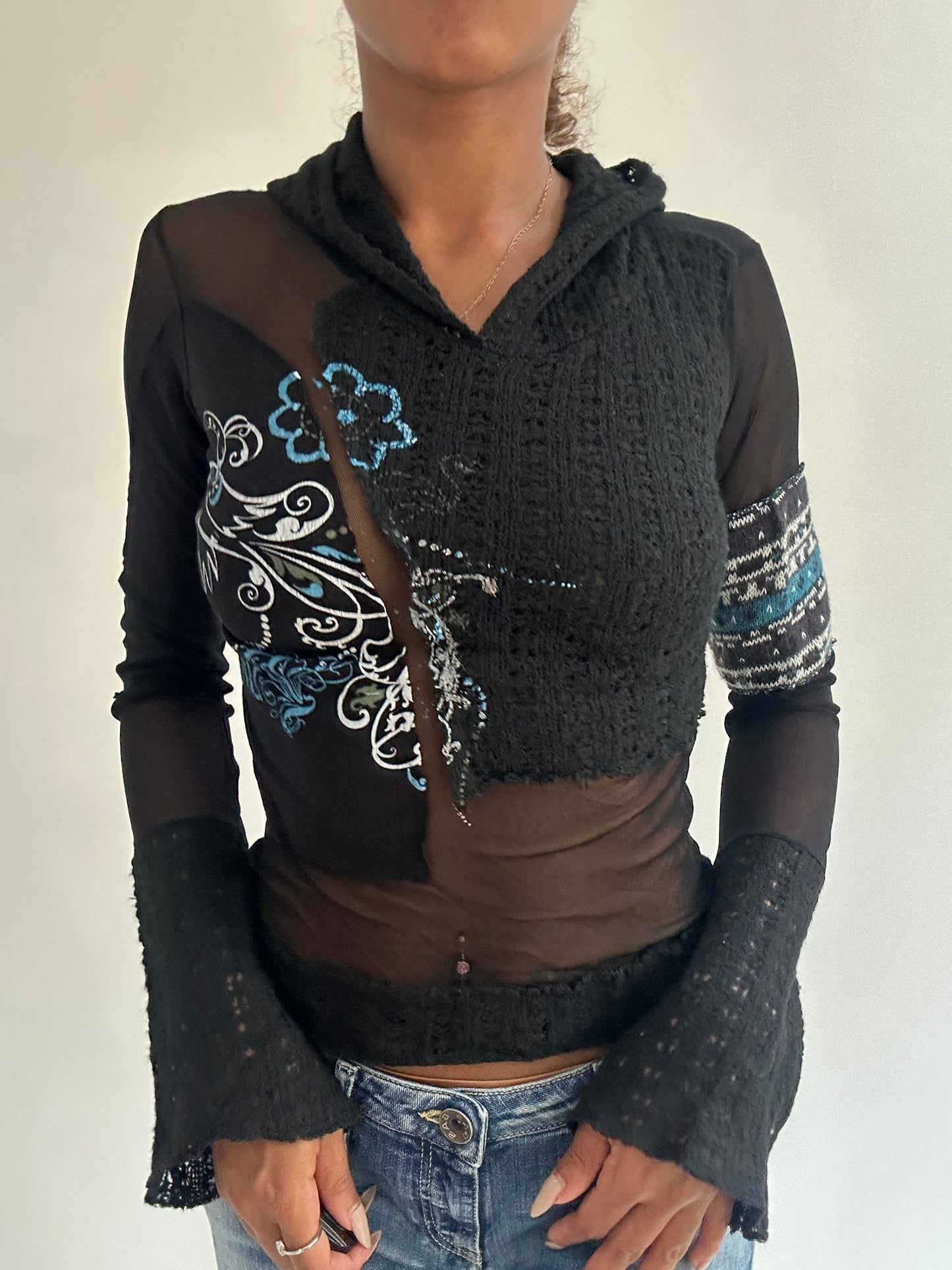 BEST PICKS | extra small black knit and mesh hooded top