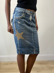 2016 edit | small/medium blue denim midi skirt with graphic details