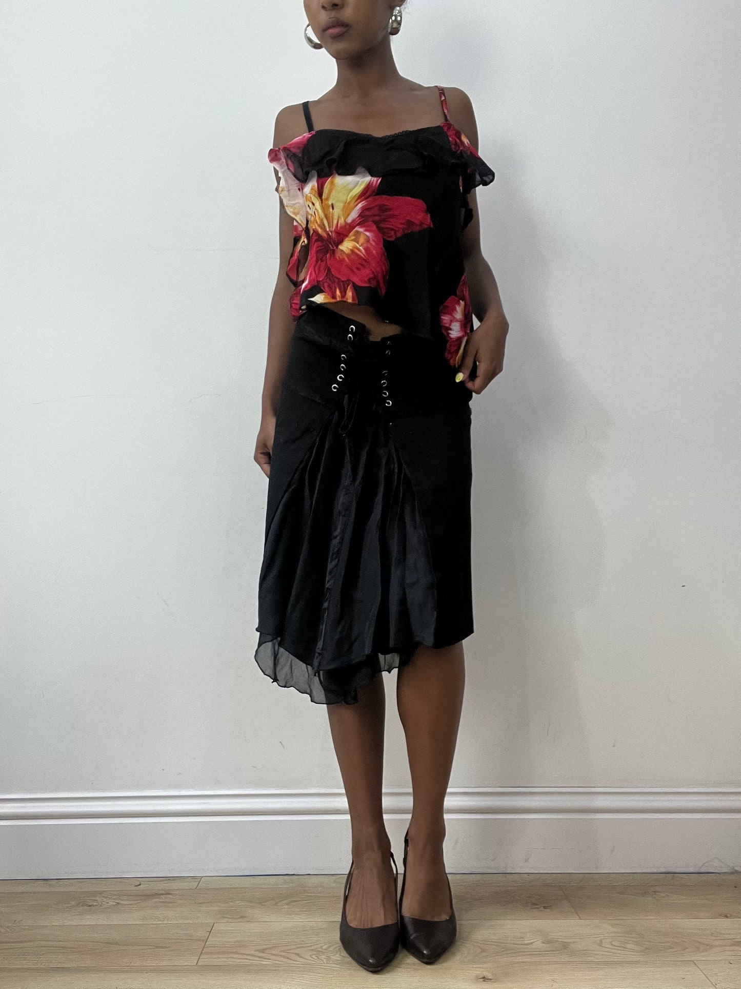 vintage edit thirty-two | medium black asymmetric midi skirt with lace up front
