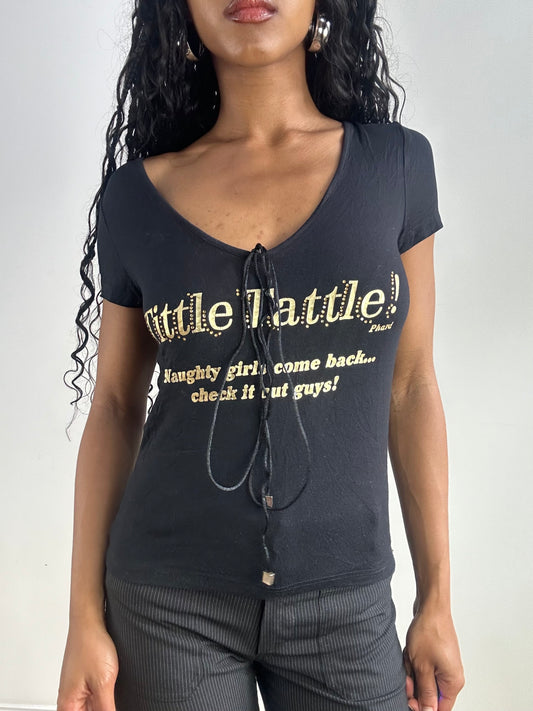 vintage edit twenty-three | small black phard top with gold spell out and rhinestone detail