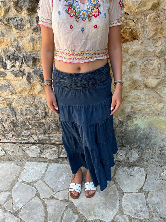 french summer drop | extra small/small blue denim tiered maxi skirt