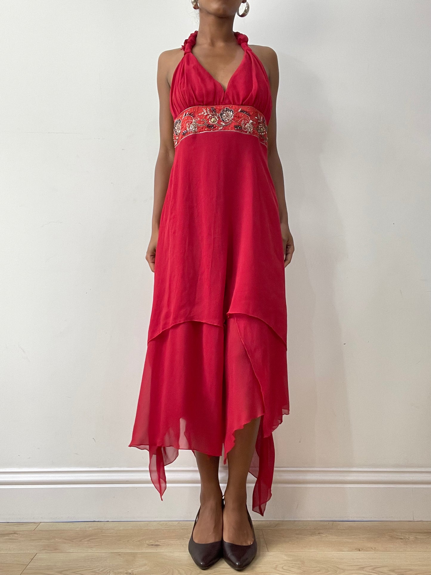 midsummer edit | small red halterneck maxi dress with beaded waist detail