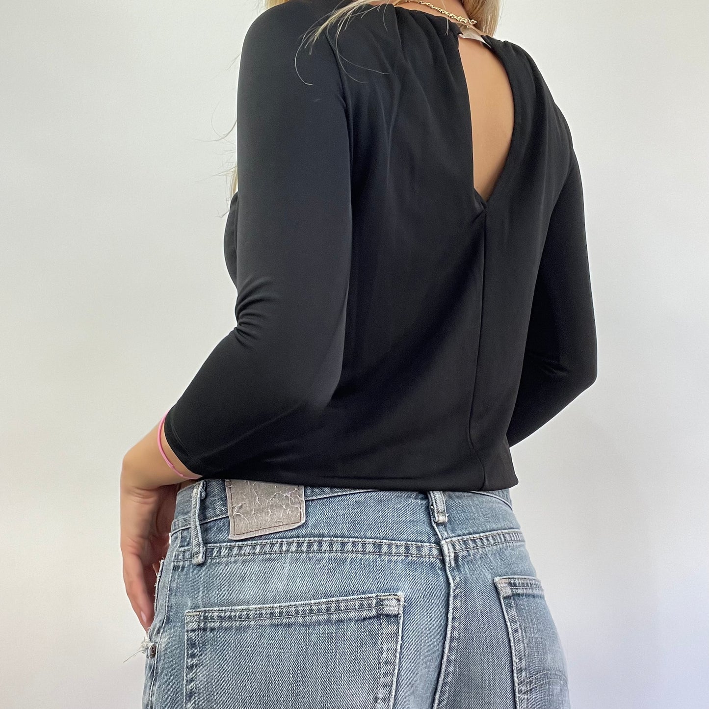 GRUNGE COQUETTE DROP | small black long sleeve top with silver back detail