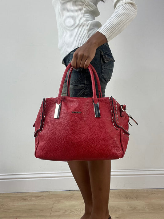 BEST PICKS | red faux leather shoulder bag with silver hardware details