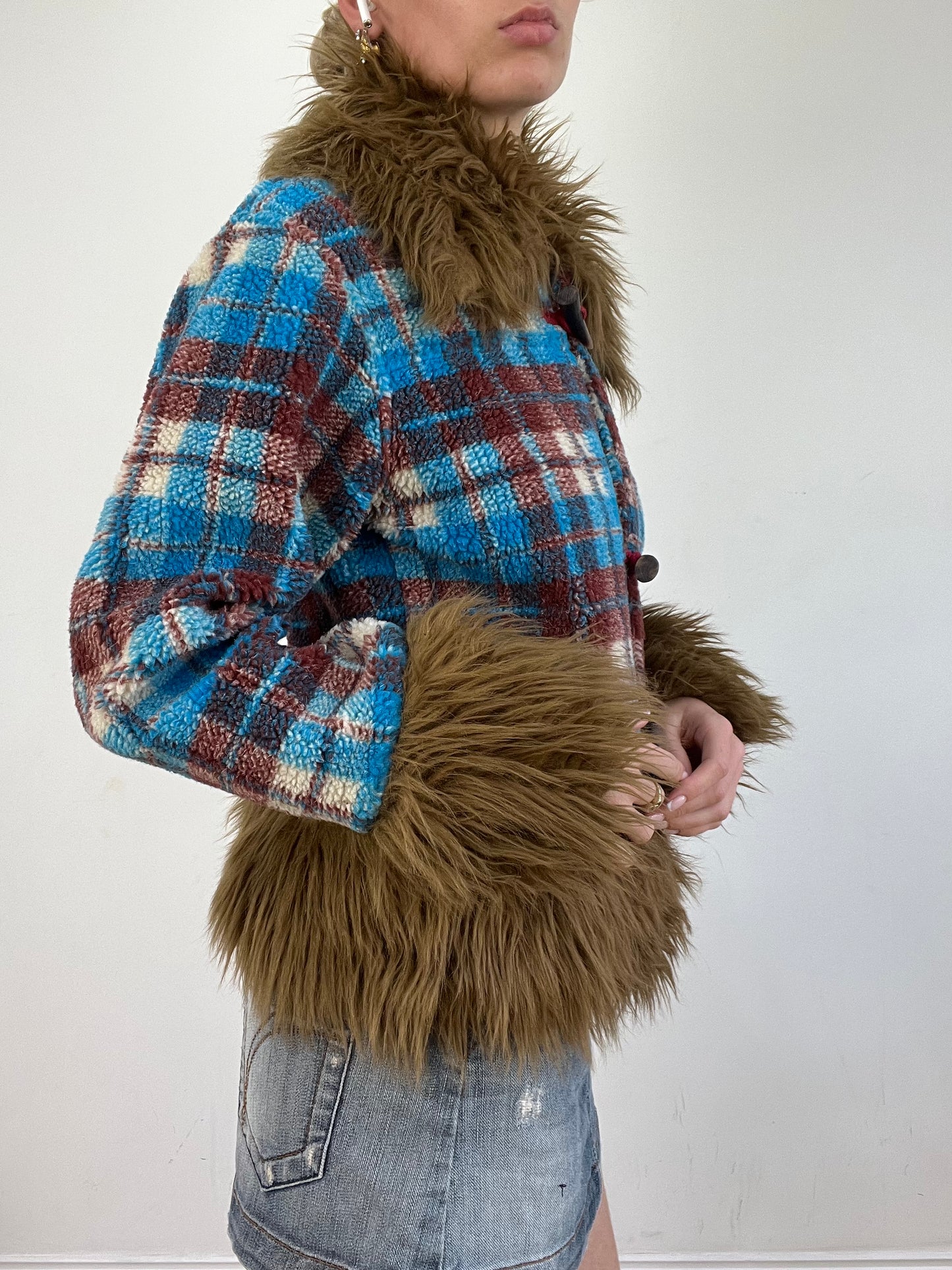 vintage edit twenty | medium blue and brown checkered gingham fleece afghan jacket