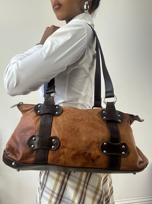 AUTUMN EDIT | brown faux leather shoulder bag with strap and stud detailing