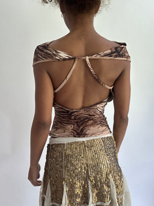 olivia rodrigo drop | small brown striped open back top