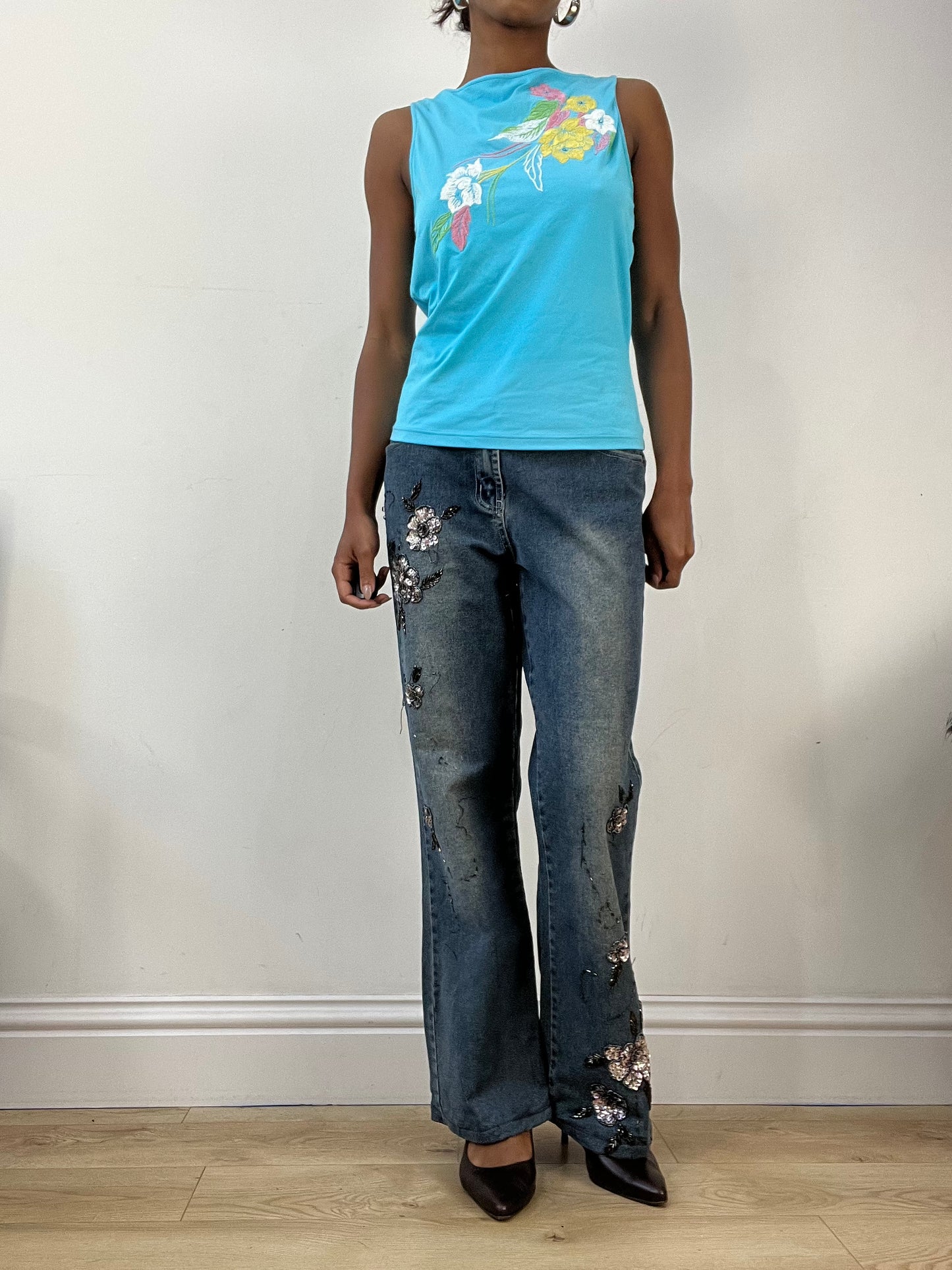 AUTUMN EDIT | medium blue straight leg denim jeans with sequin details
