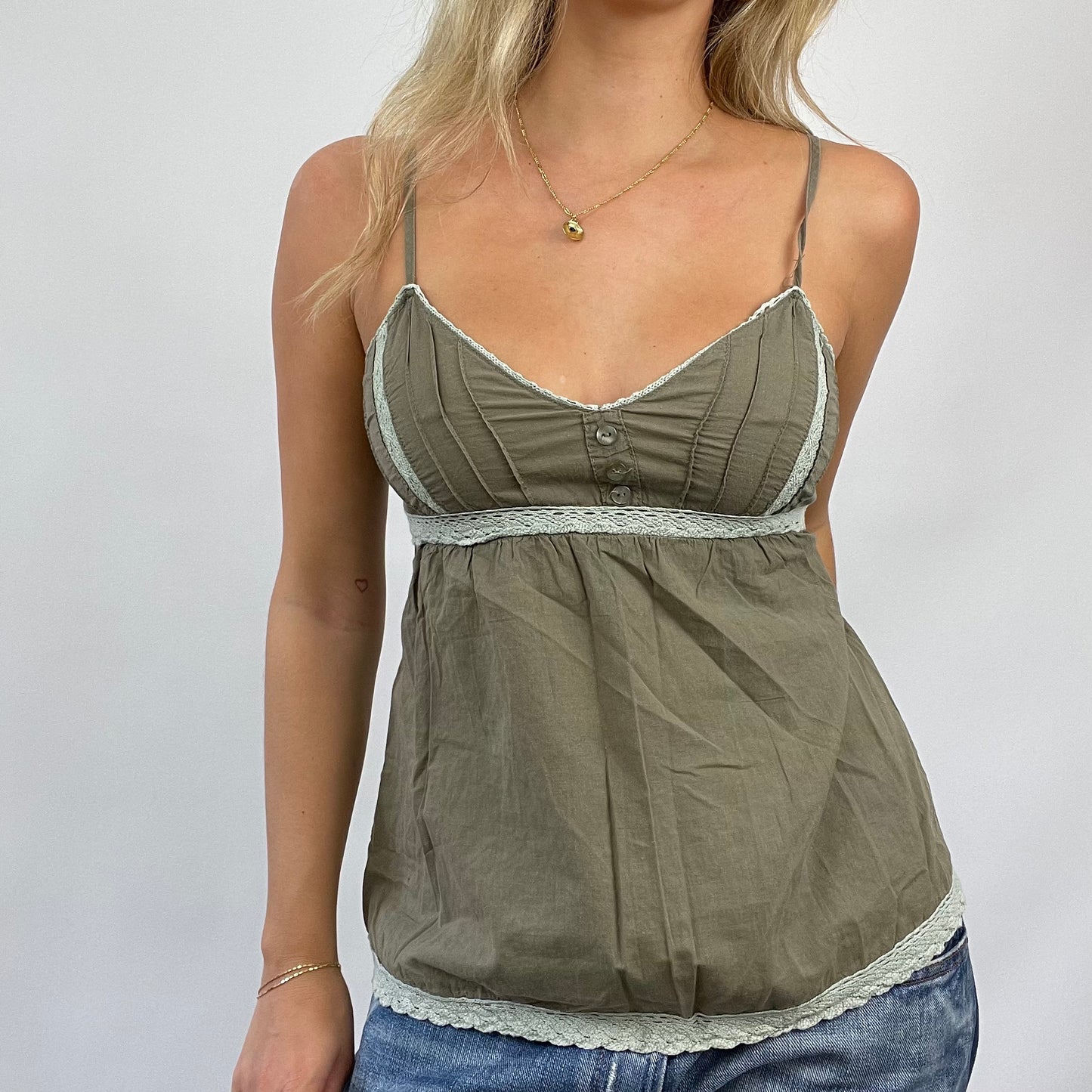 COASTAL GRANDMA DROP | small khaki top with lace trim