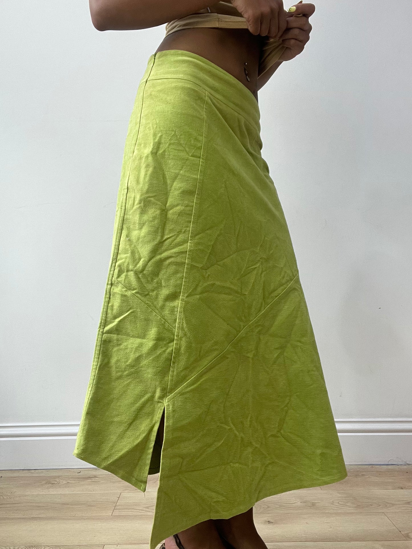 vintage edit thirty-two | small lime green suede style maxi skirt