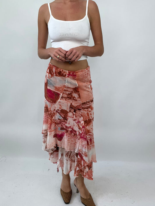 PALM BEACH DROP | small orange layered mesh maxi skirt with graphic print all over