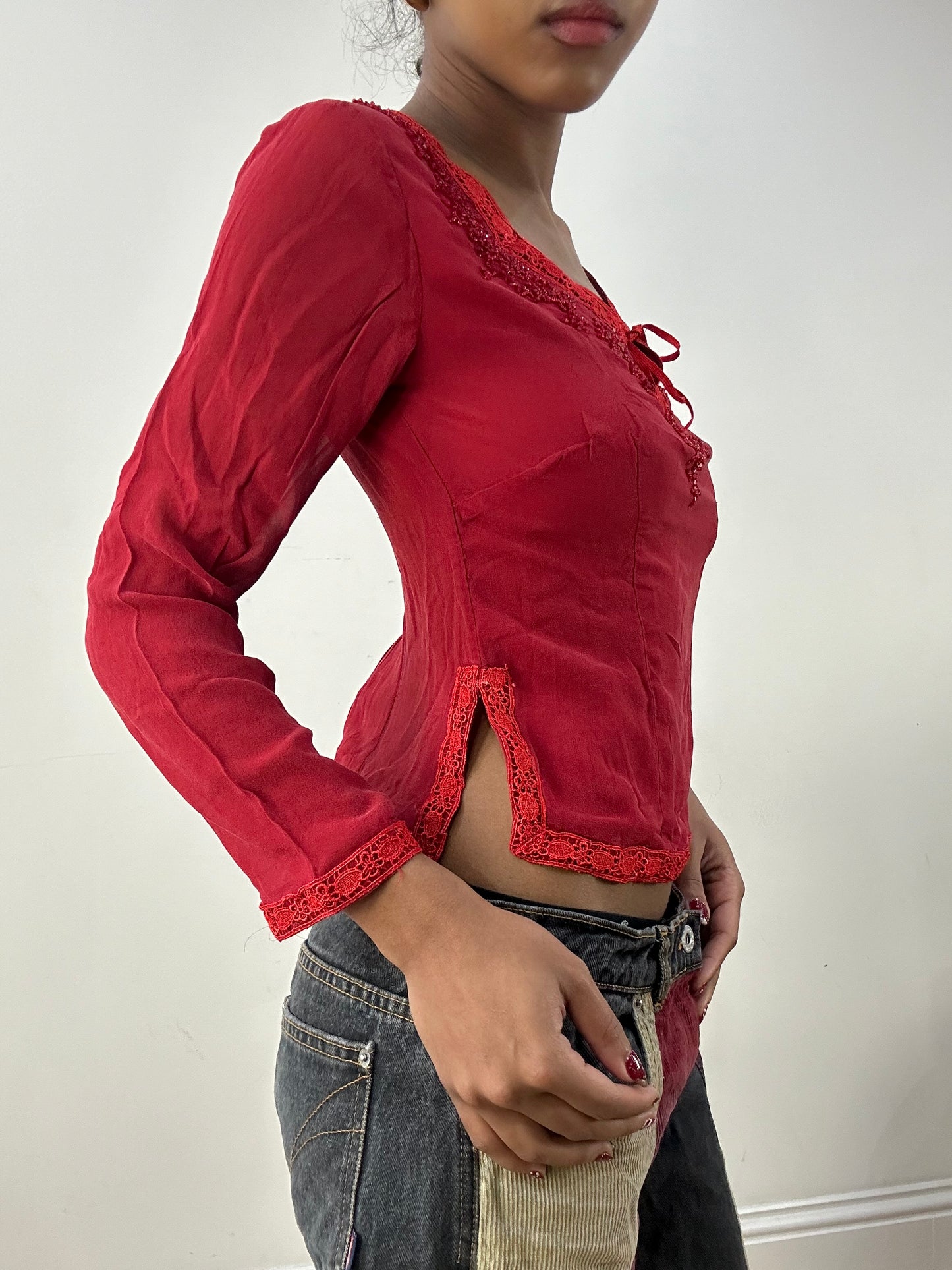 💻 HIPPY CHIC DROP | small red long sleeve top with embellished detail and lace trim